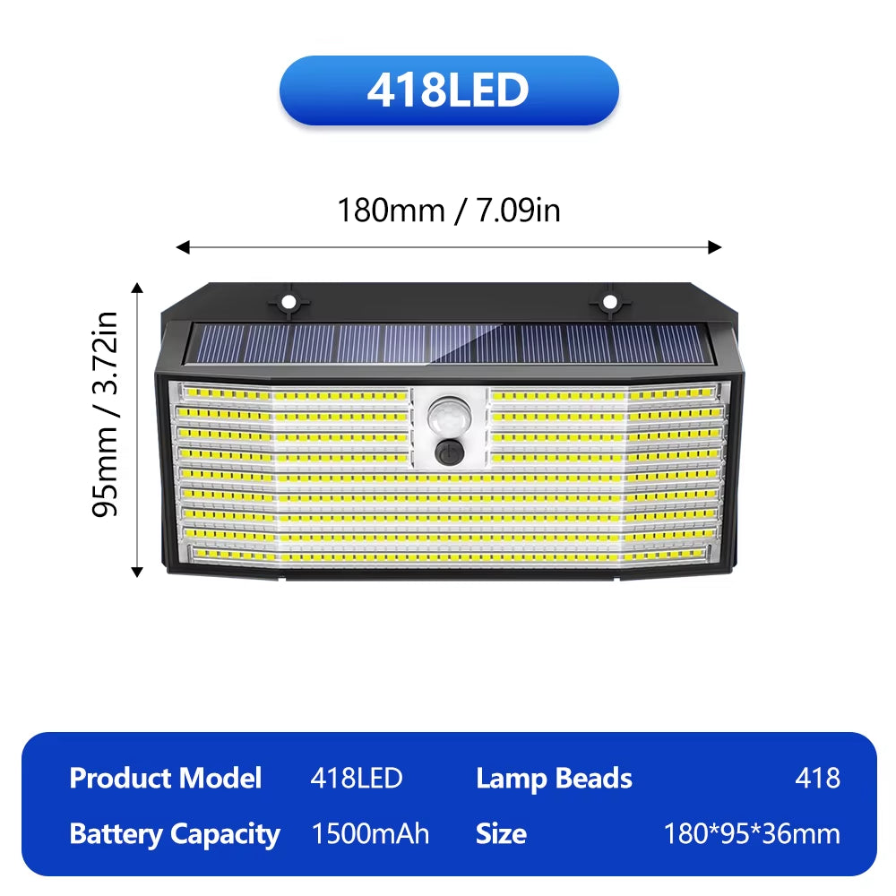 268/418 LED Solar Security Lights Outdoor 3 Modes Solar Powered Motion Sensor Lights Waterproof Wall Lights Fence Yard Garage